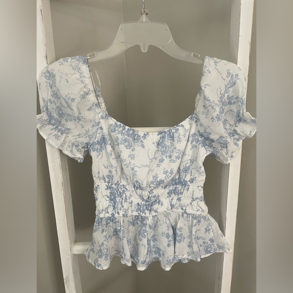 Blue and white floral coastal grandma shirt